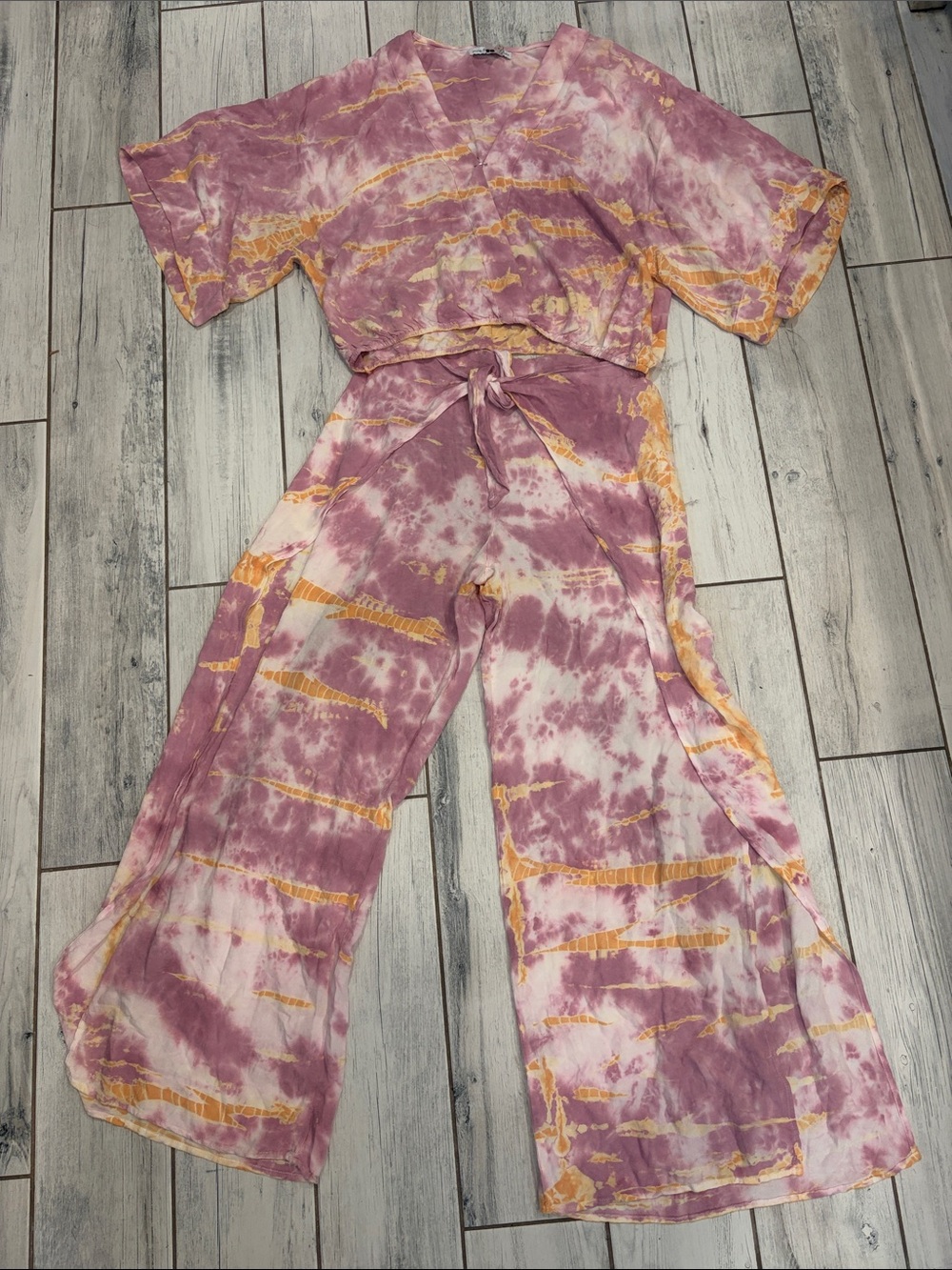 Tie-Dye Wide Leg 2 piece with Self-Tie Waist - Mauve & orange yellow